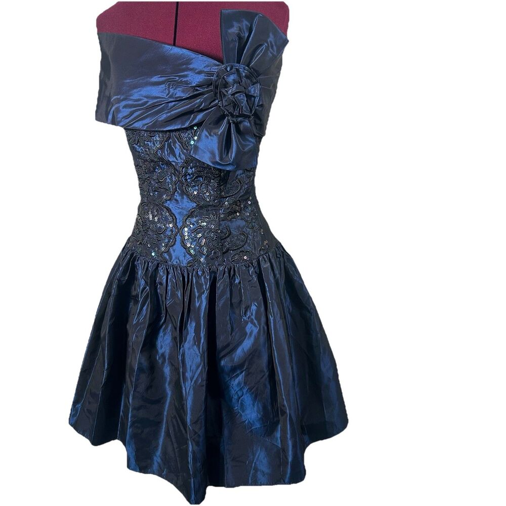 Vintage 1980's Jessica McClintock Gunne Sax Prom Dress Navy Blue Sequined Sz 7/8
